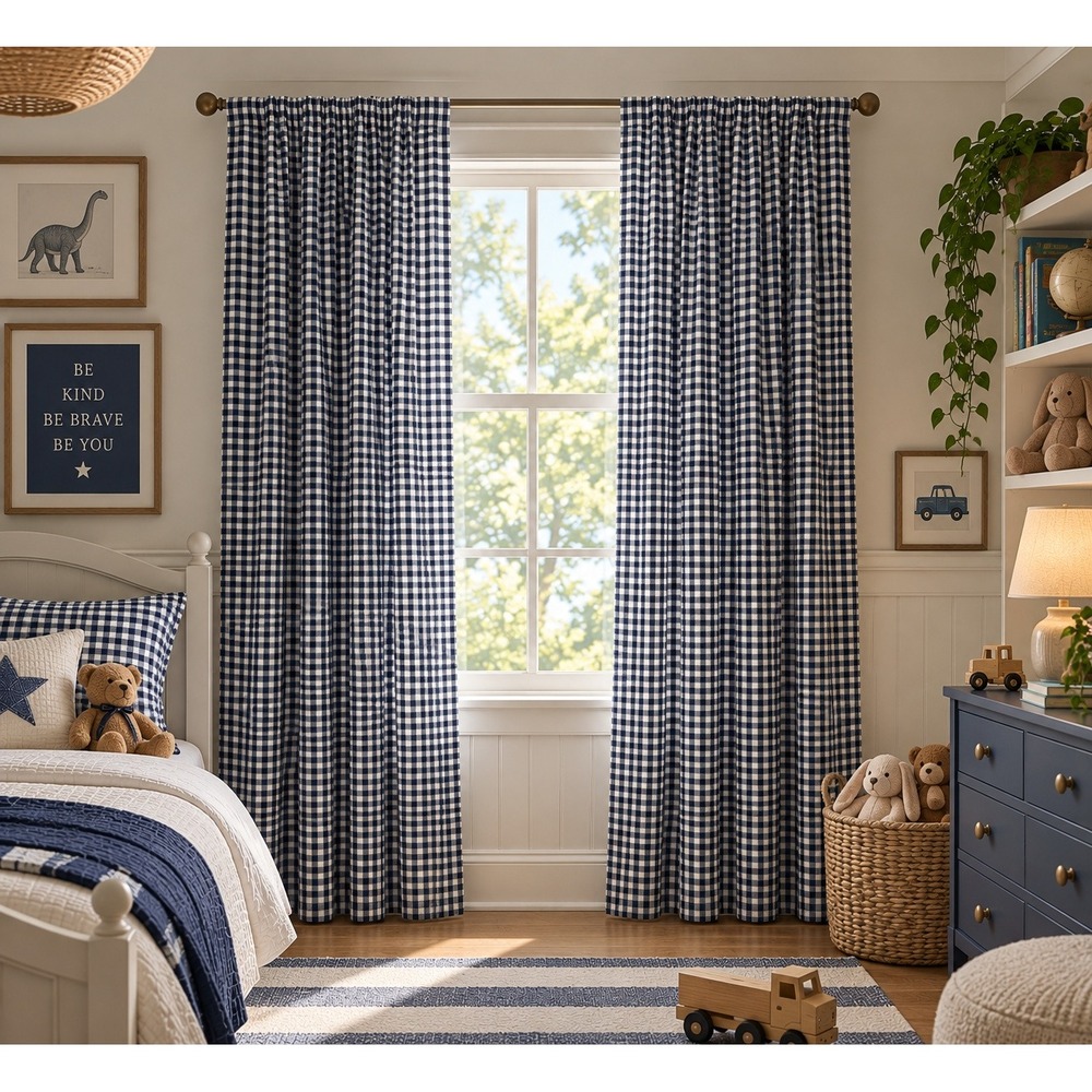 Pottery Barn Kids 44x63 Gingham Rod Pocket Curtains Navy White 2 Panels